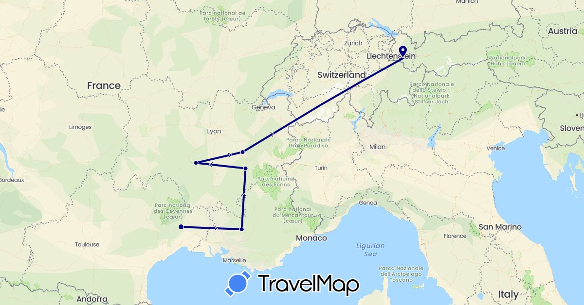 TravelMap itinerary: driving in Austria, France (Europe)
